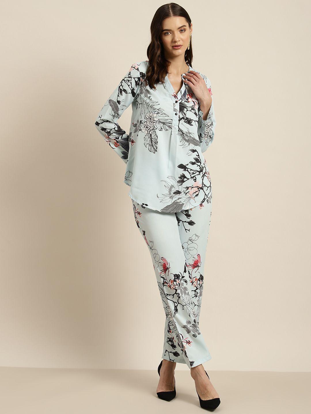 qurvii floral printed crepe shirt with trousers