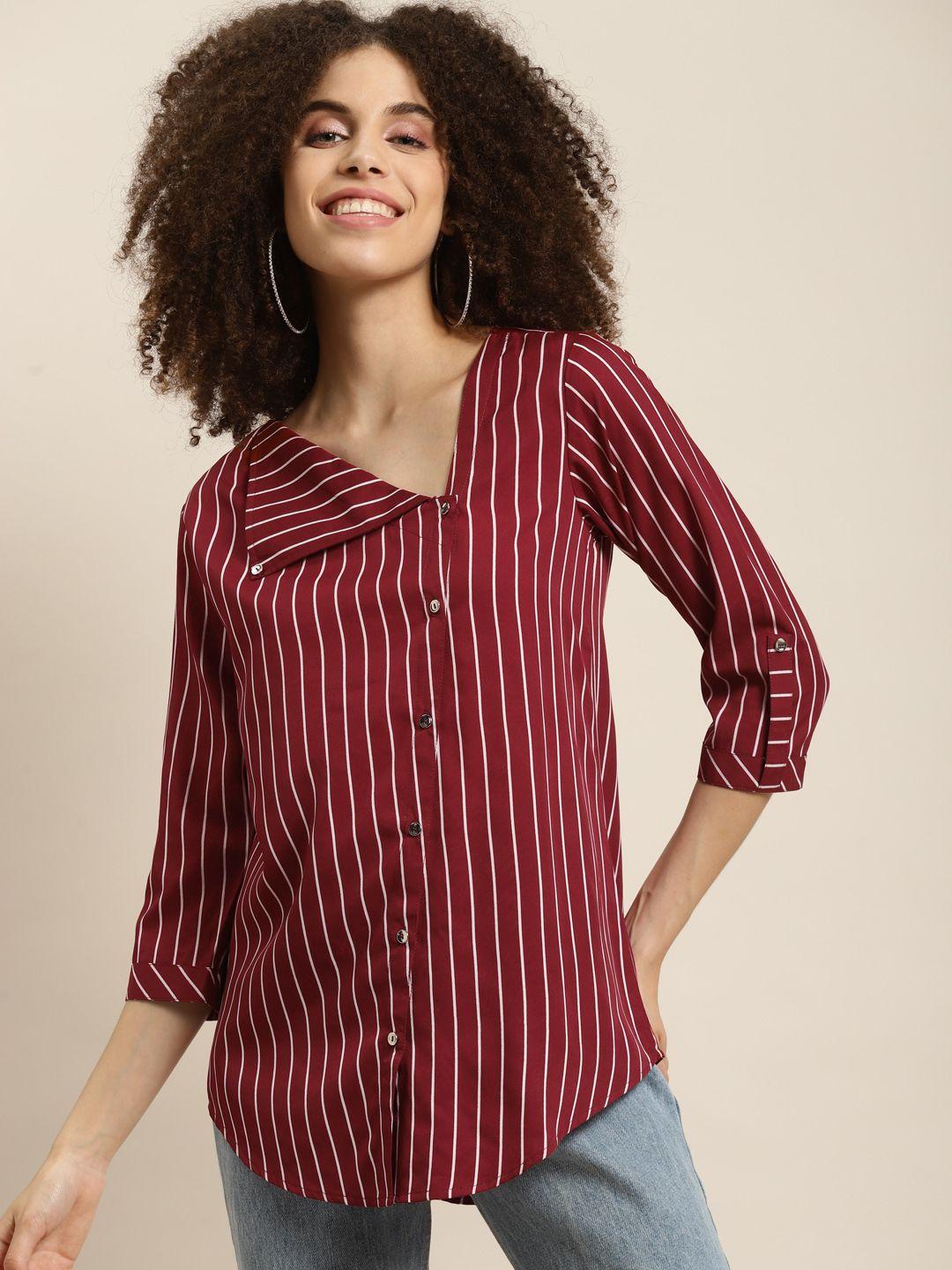 qurvii maroon & white striped roll-up sleeves crepe shirt style top