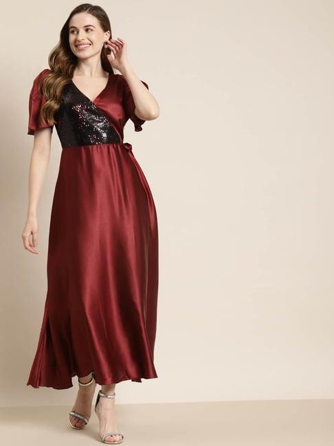 qurvii maroon embellished maxi dress