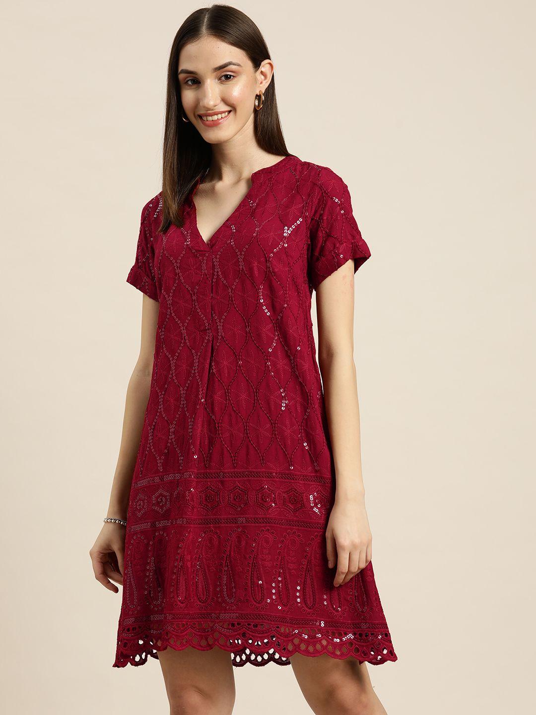 qurvii maroon floral embroidered a-line dress