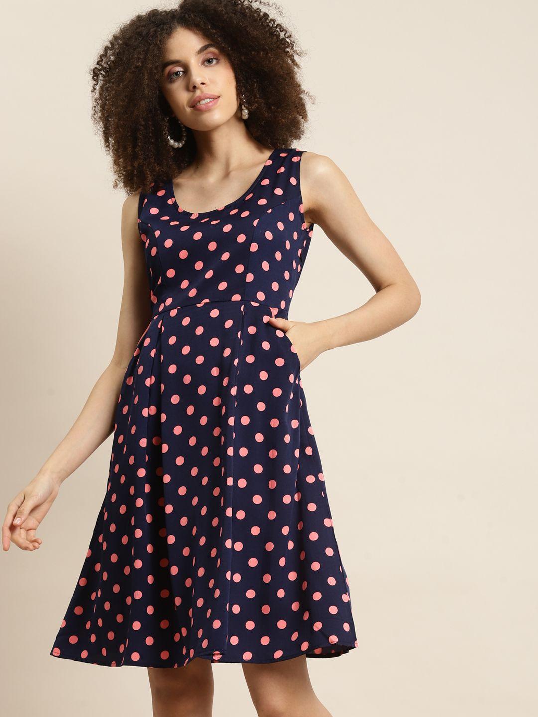 qurvii navy blue & pink crepe a-line dress