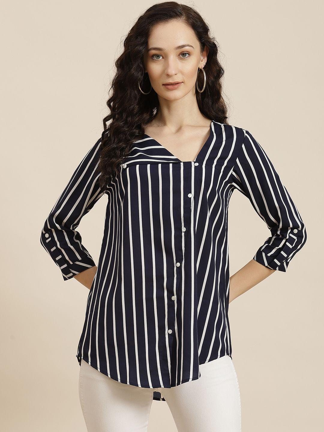 qurvii navy blue & white striped crepe regular top