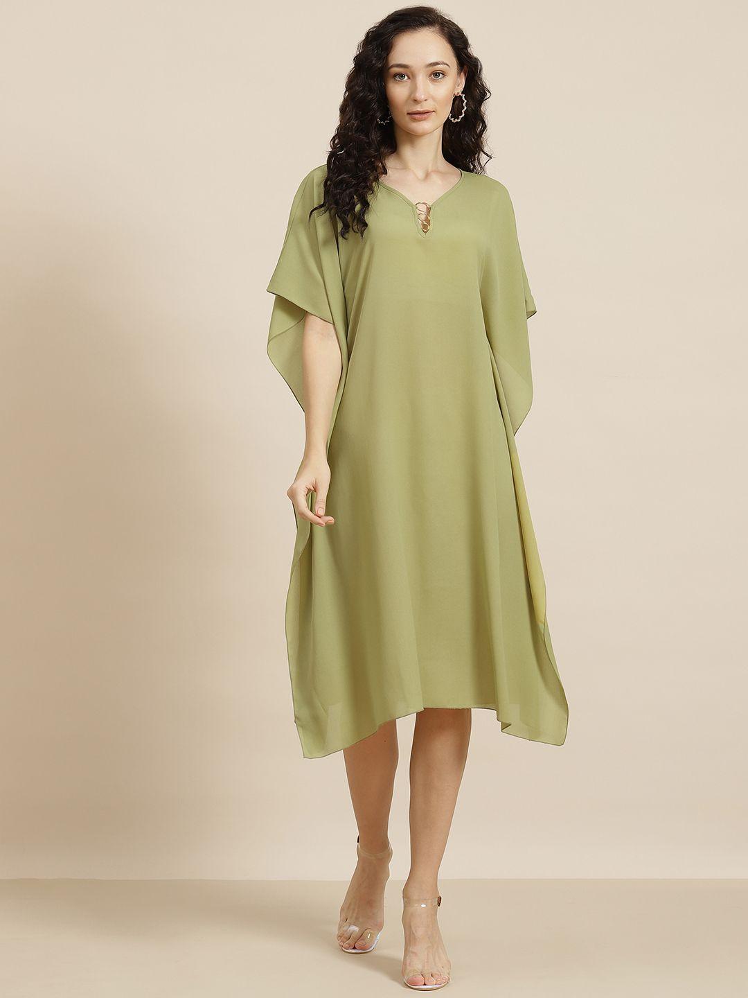 qurvii olive green keyhole neck crepe kaftan dress