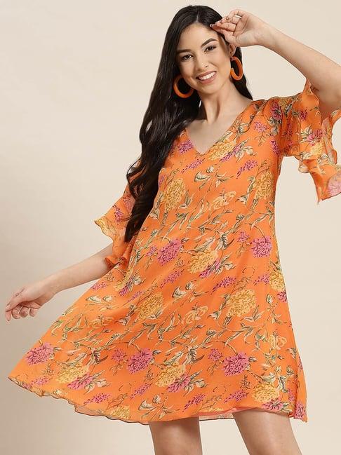 qurvii orange floral print a line dress