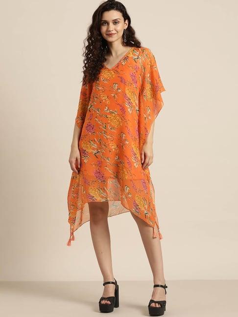 qurvii orange floral print kaftan dress