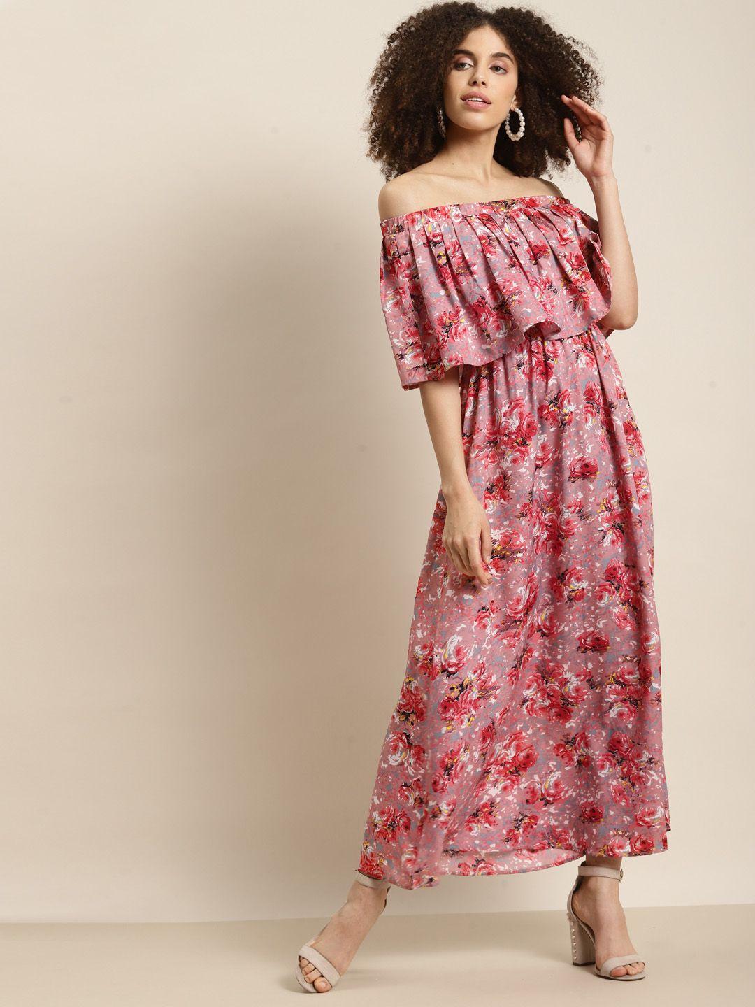 qurvii peach-coloured & red floral off-shoulder crepe a-line maxi dress