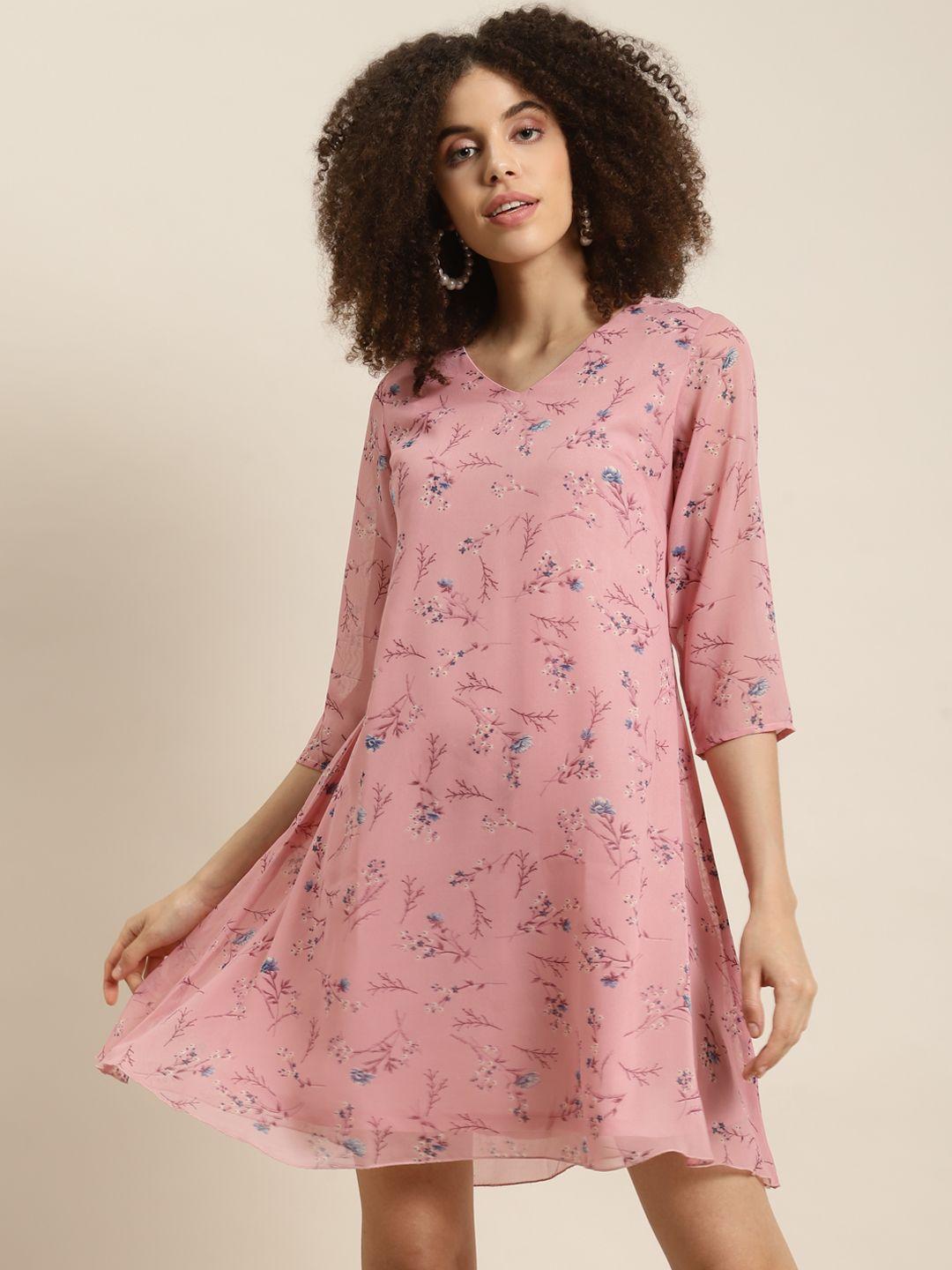 qurvii peach-coloured floral georgette a-line dress