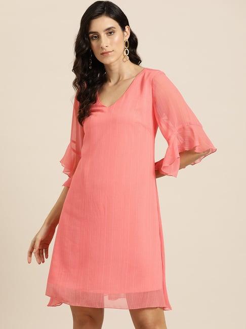 qurvii peach regular fit a line dress