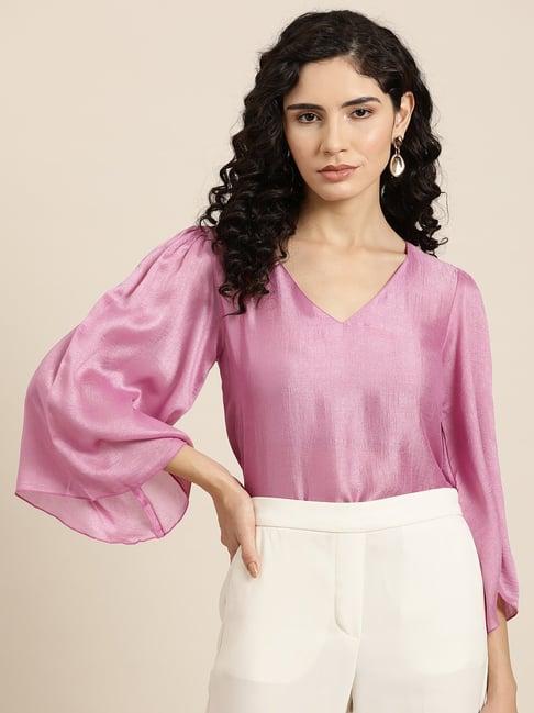 qurvii pink silk regular fit top