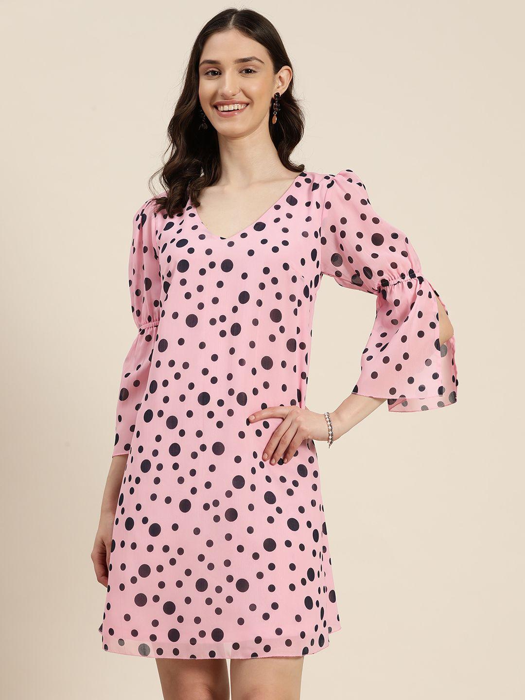 qurvii polka dots print flared sleeves georgette a-line dress