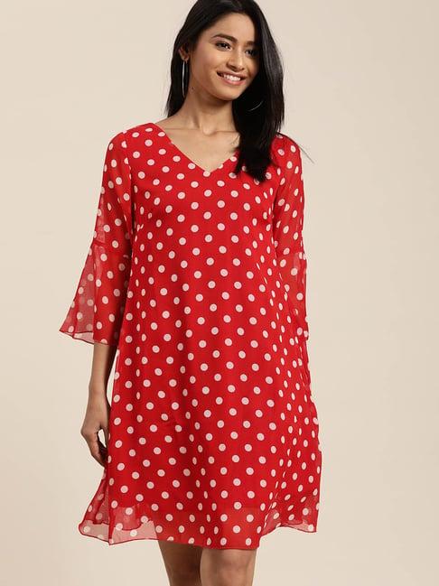 qurvii red & white polka dot a line dress