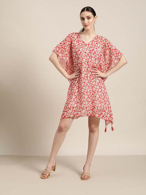 qurvii red floral print kaftan dress