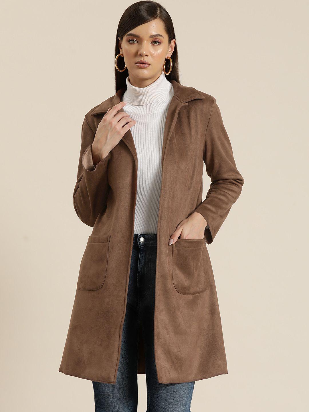 qurvii suede open front longline overcoat