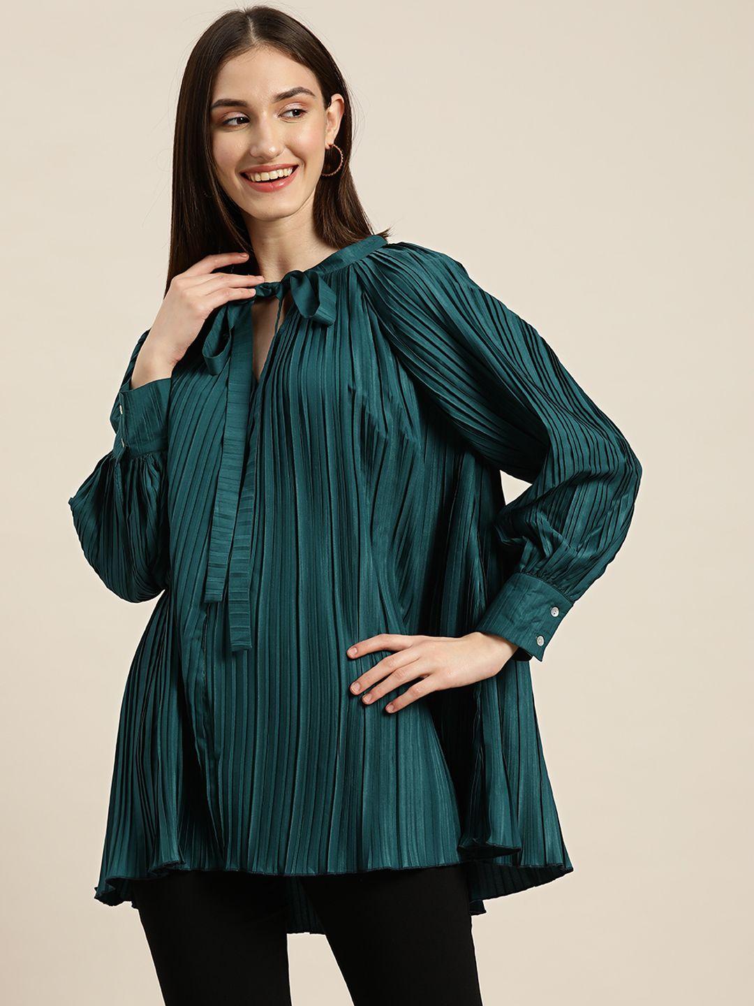 qurvii teal tie-up neck crepe longline top