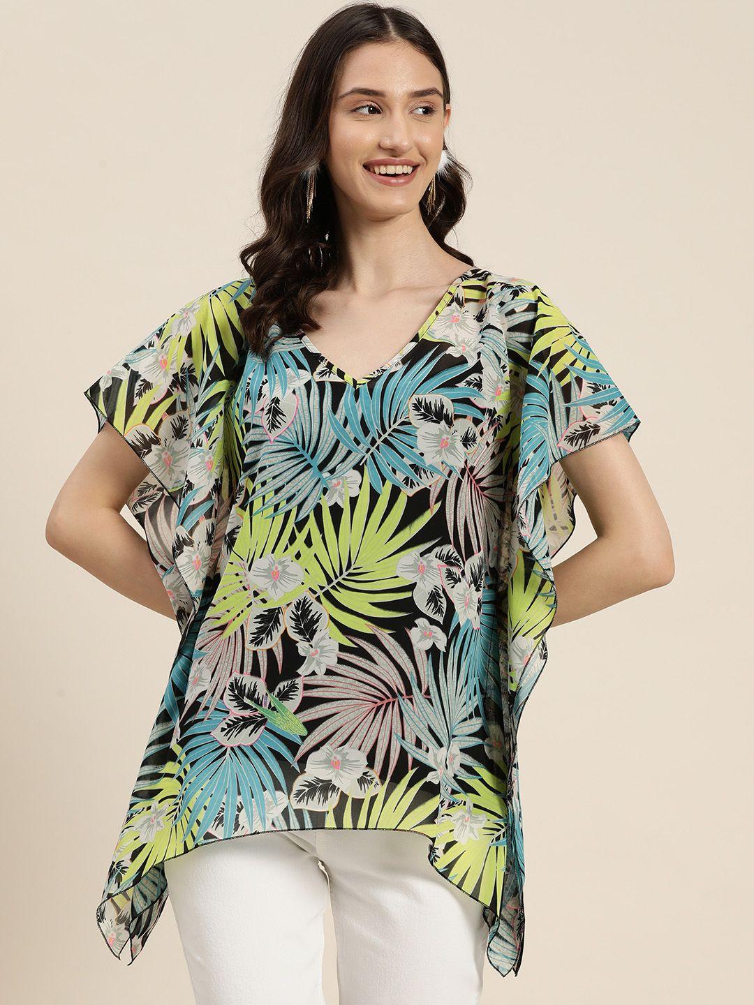 qurvii tropical print flared sleeves georgette kaftan longline top