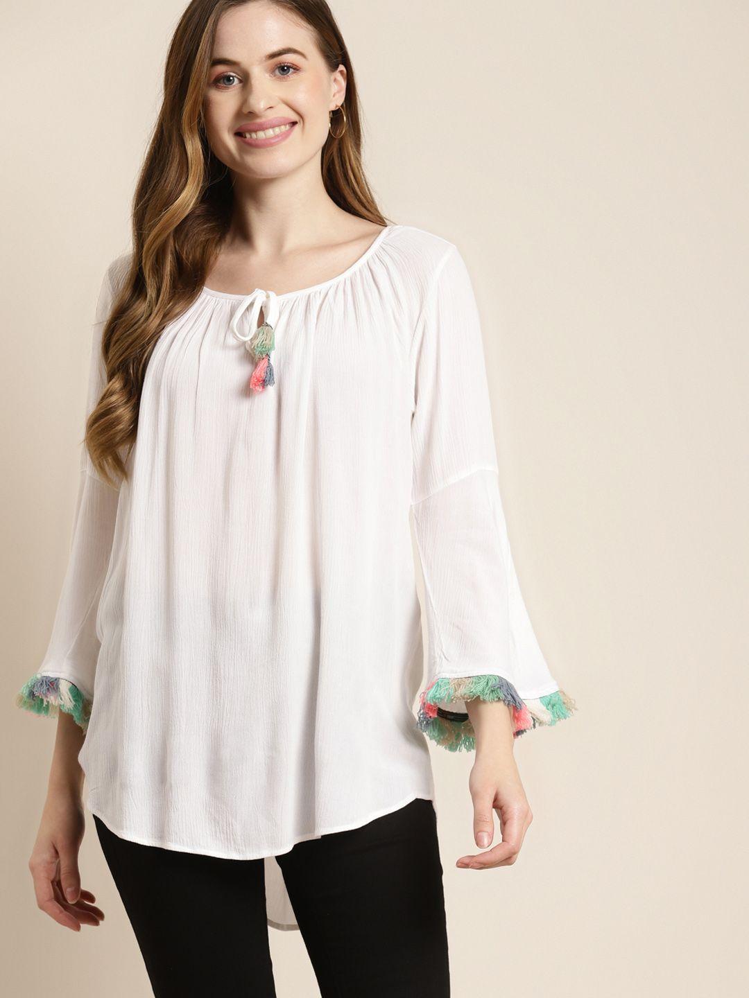 qurvii white solid tie-up neck top