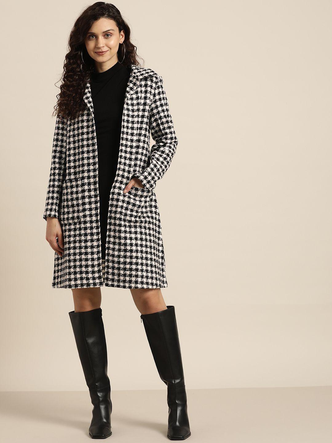 qurvii women black & white checked longline outdoor open front jacket
