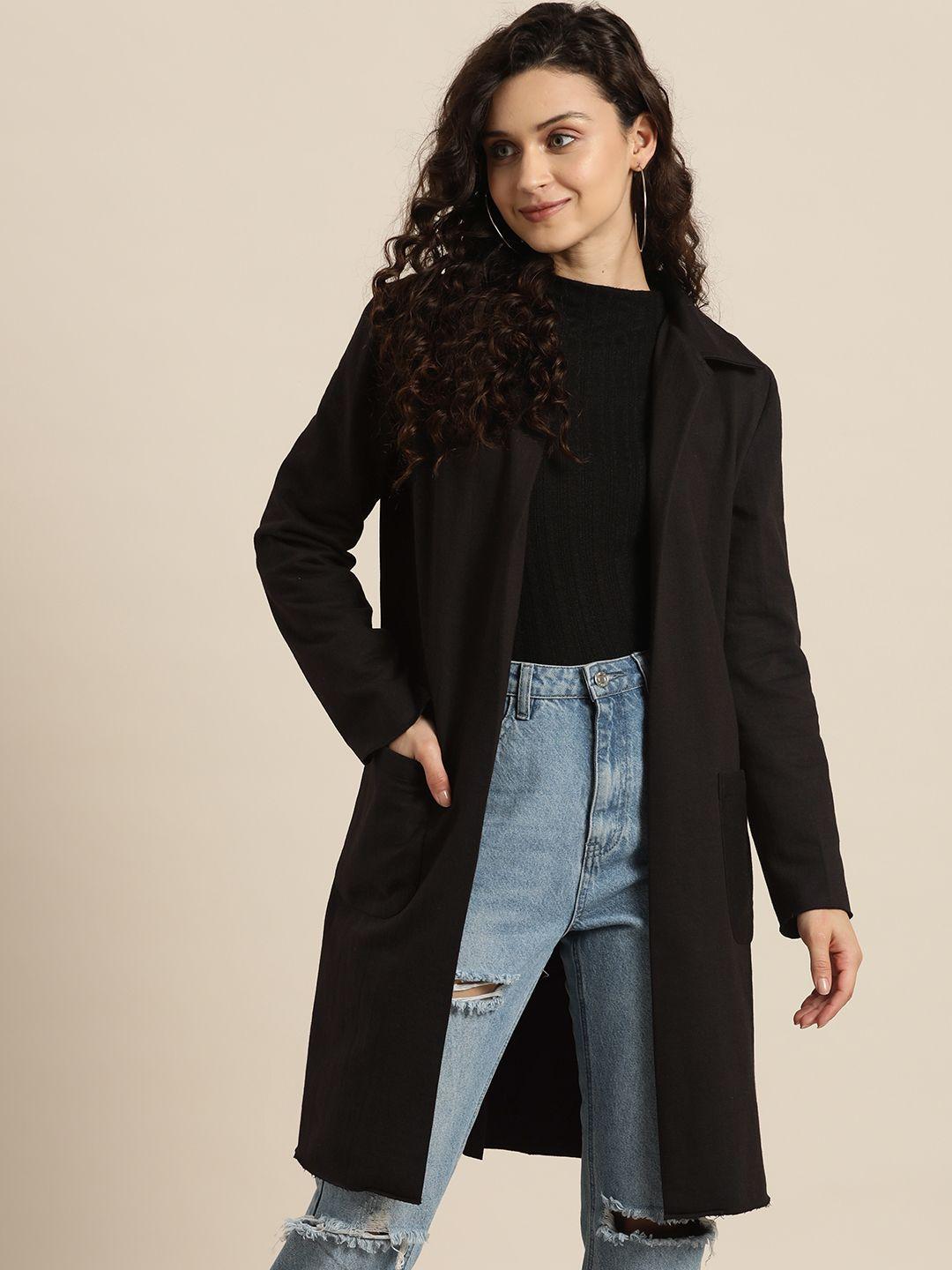 qurvii women black fleece longline open front jacket