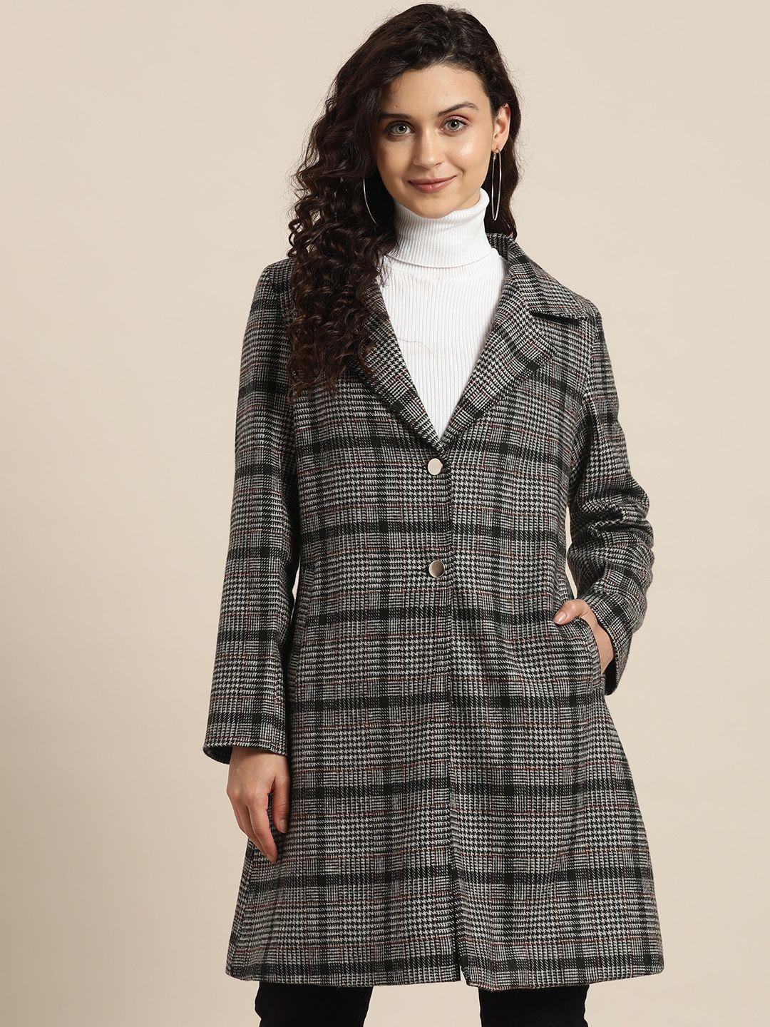 qurvii women black grey checked longline open front jacket