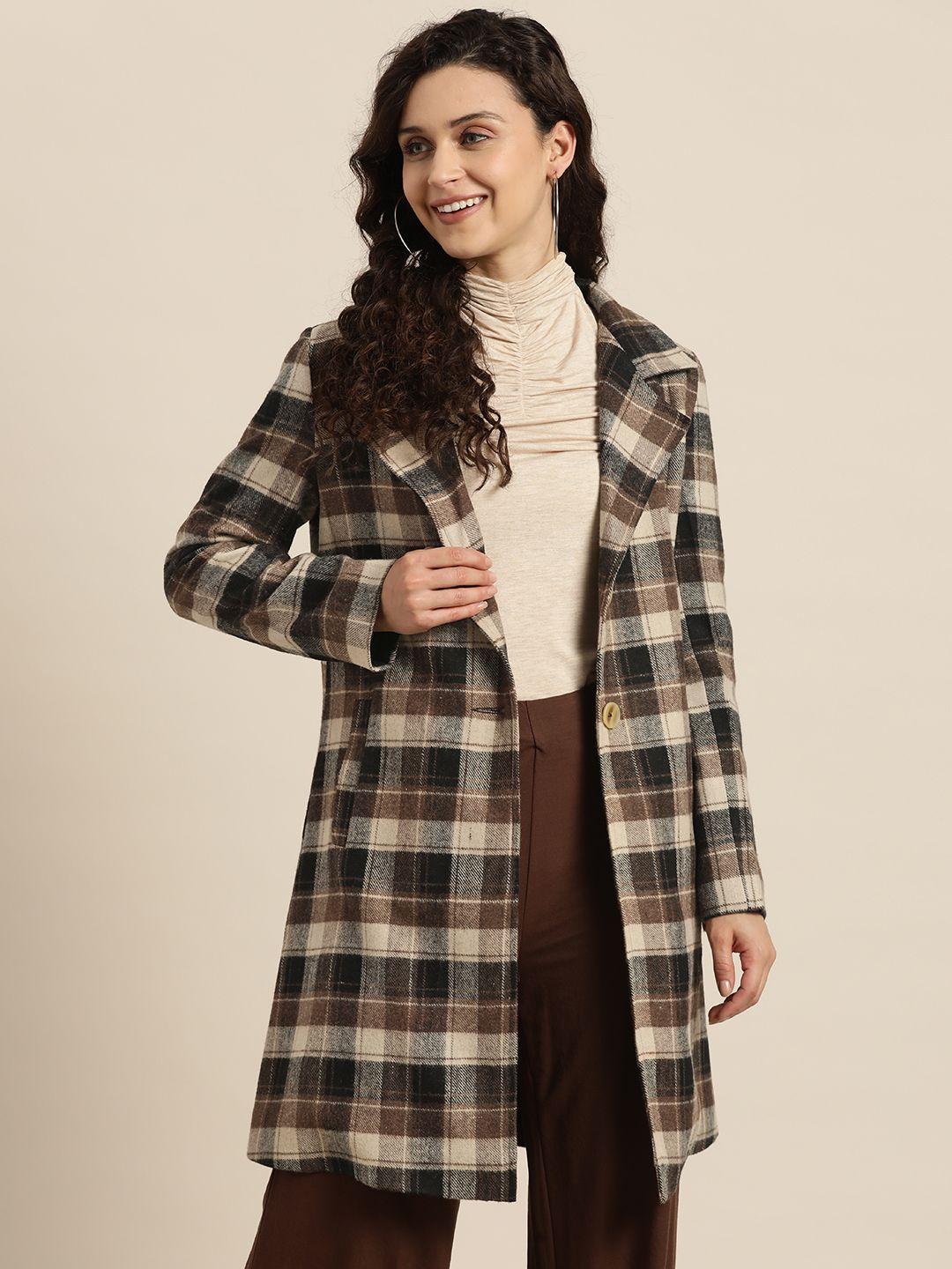 qurvii women brown checked longline notched collar open front jacket