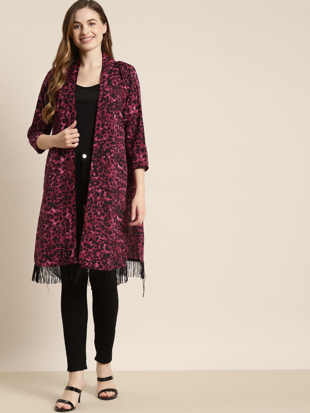 qurvii women burgundy & black leopard print longline shrug with fringes
