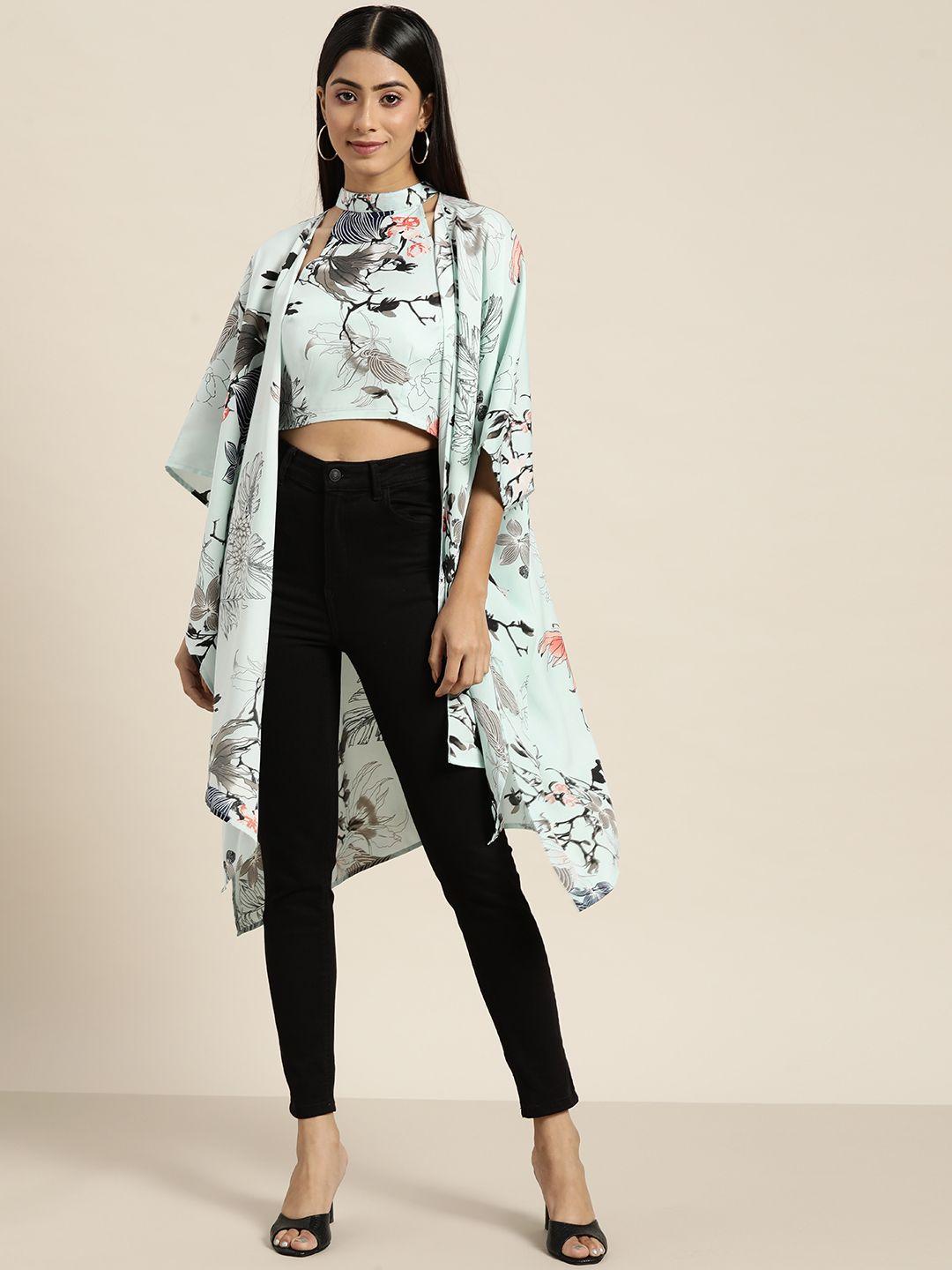 qurvii women floral printed kimono sleeve longline shrug