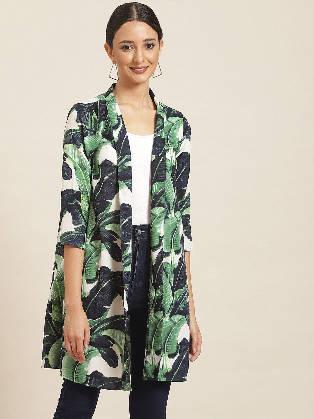 qurvii women green & black tropical printed shrug