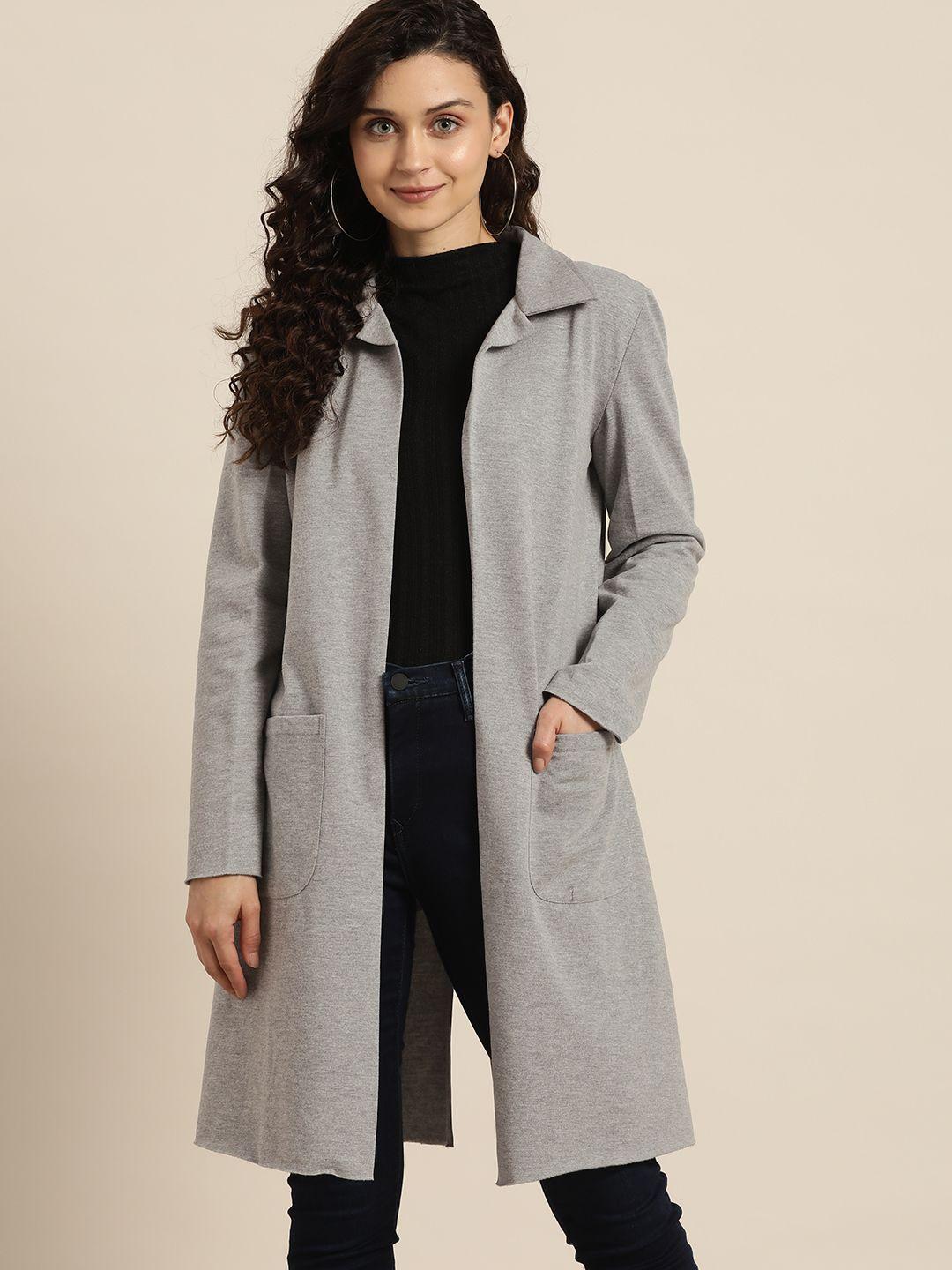 qurvii women grey fleece longline open front jacket