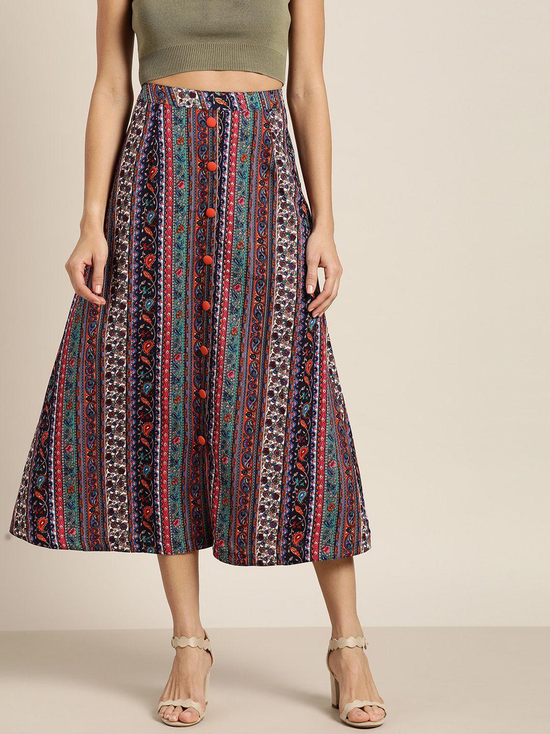 qurvii women navy blue & orange ethnic print a-line midi skirt