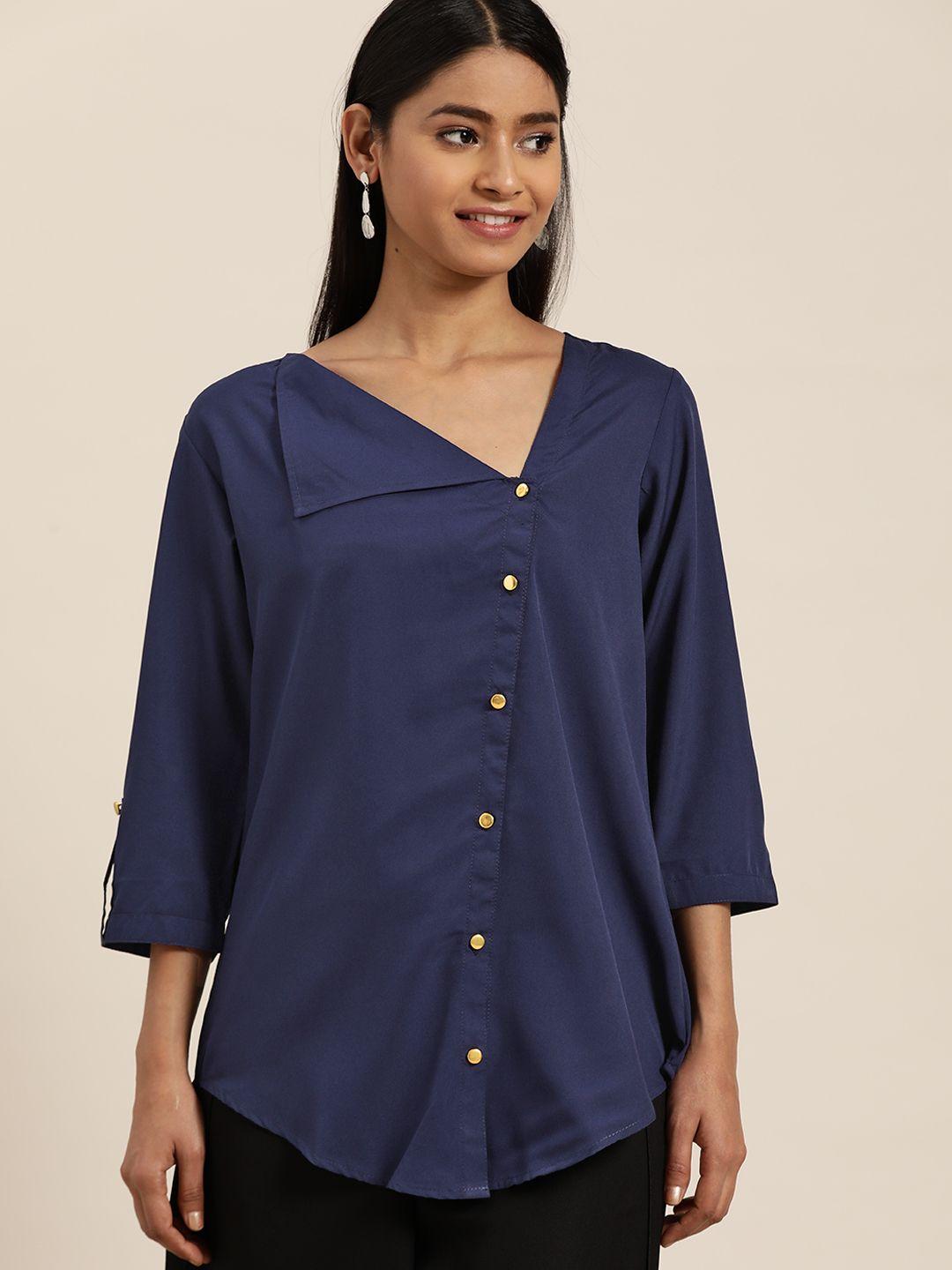 qurvii women navy blue solid roll-up sleeves top