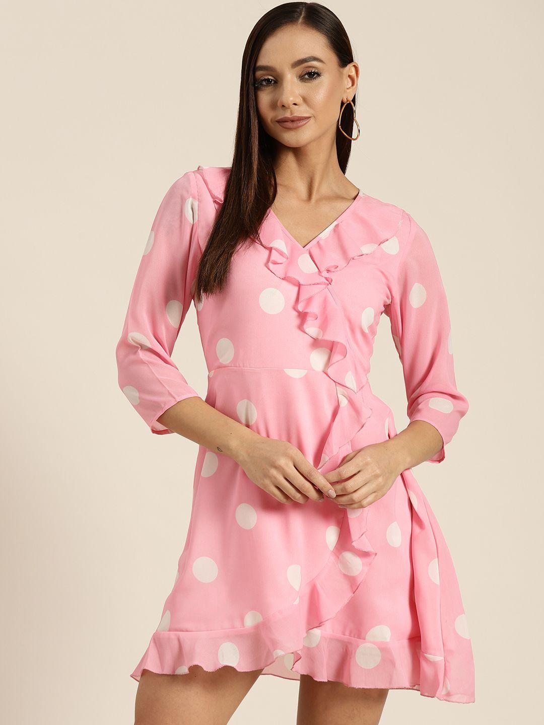 qurvii women pink & white polka dots printed a-line mini dress