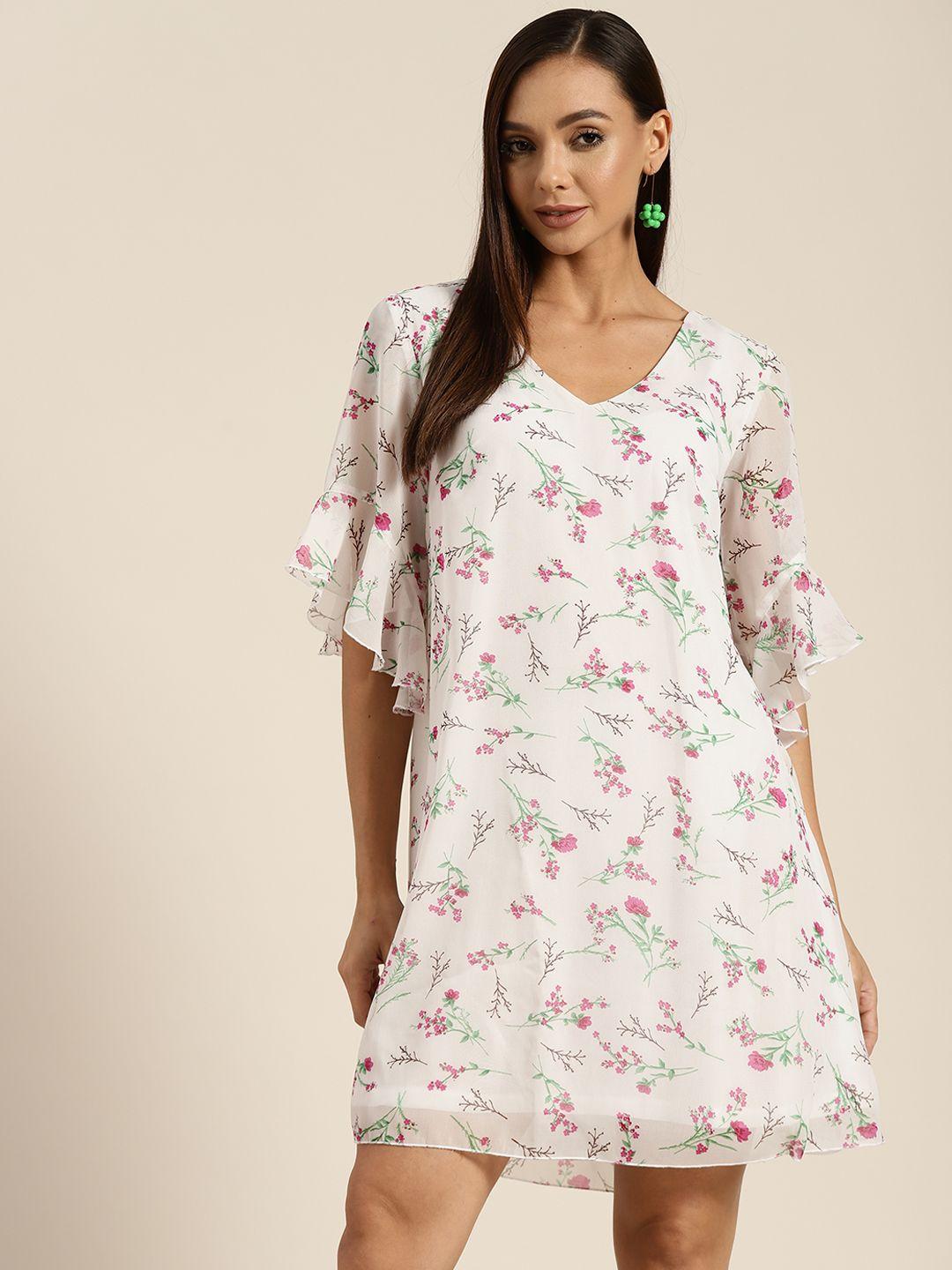 qurvii women white & pink floral printed bell sleeves a-line dress