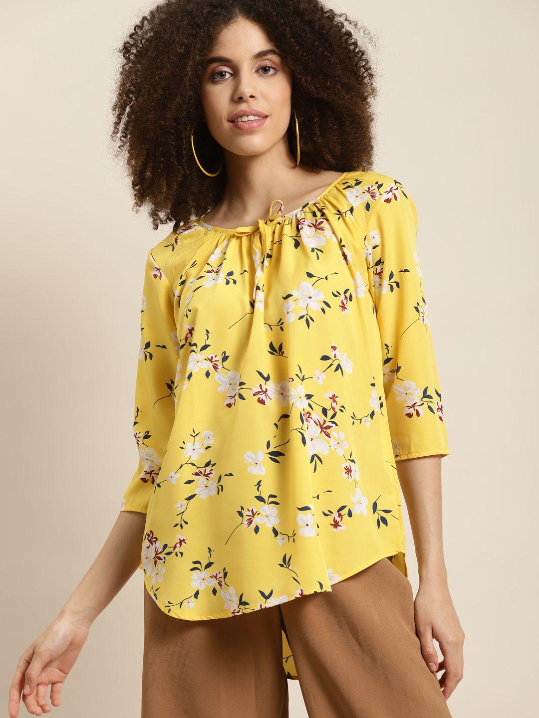 qurvii yellow & white floral tie-up neck crepe regular top