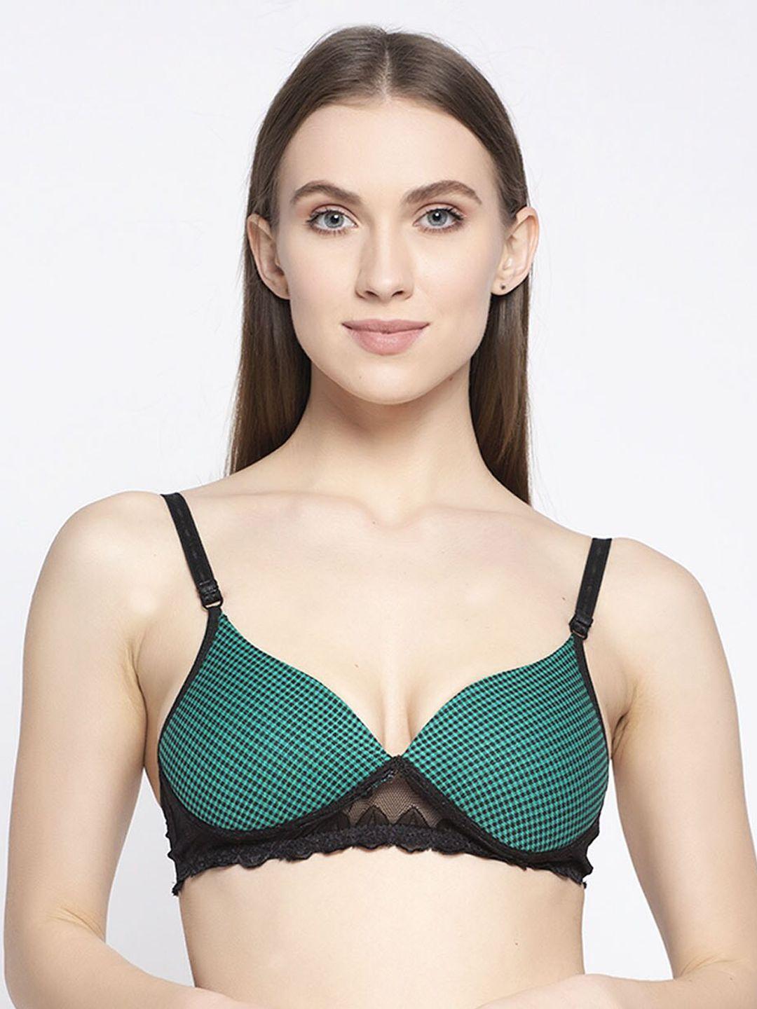 quttos women green & black checked lightly-padded wireless lace t-shirt bra qt-br-4024