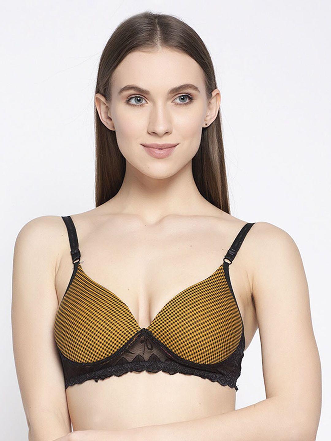 quttos yellow & black printed lightly padded non-wired t-shirt bra