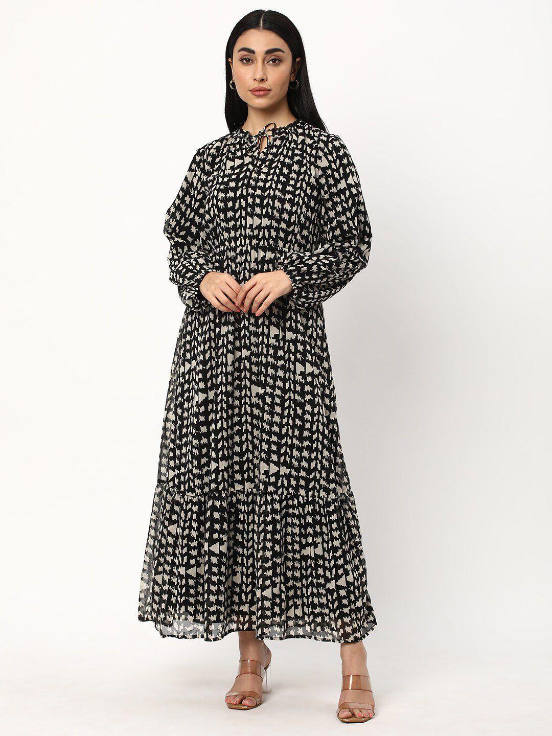 r&b abstract printed tie-up neck puff sleeve fit&flare maxi dress