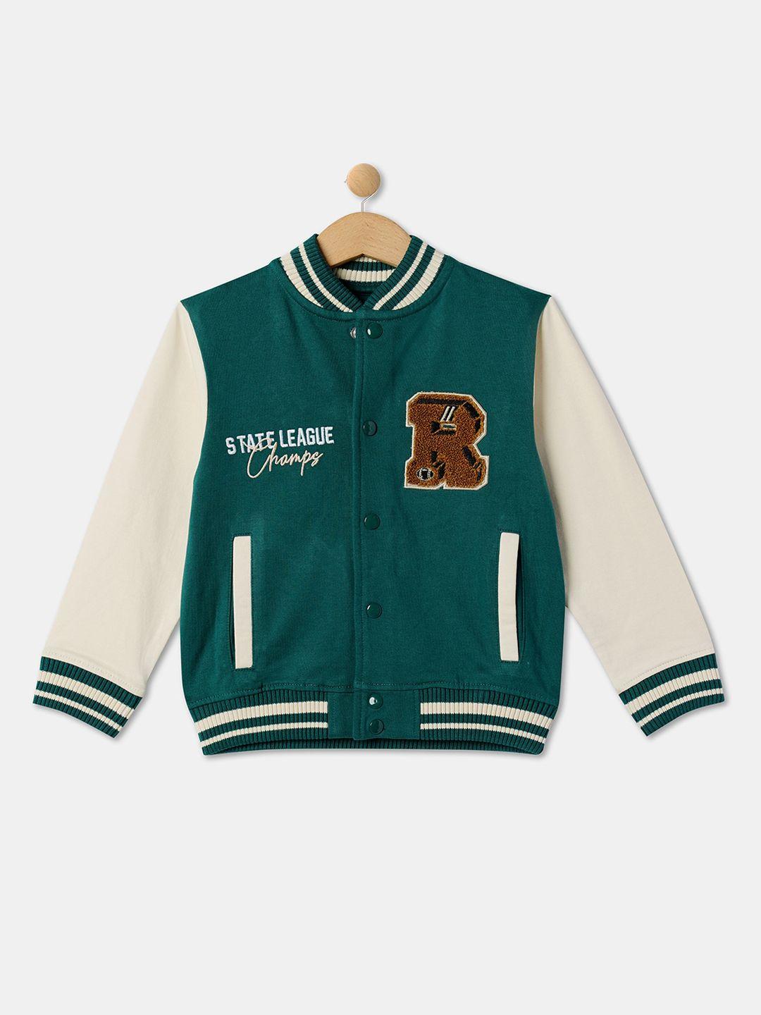 r&b boys typography printed cotton varsity jacket