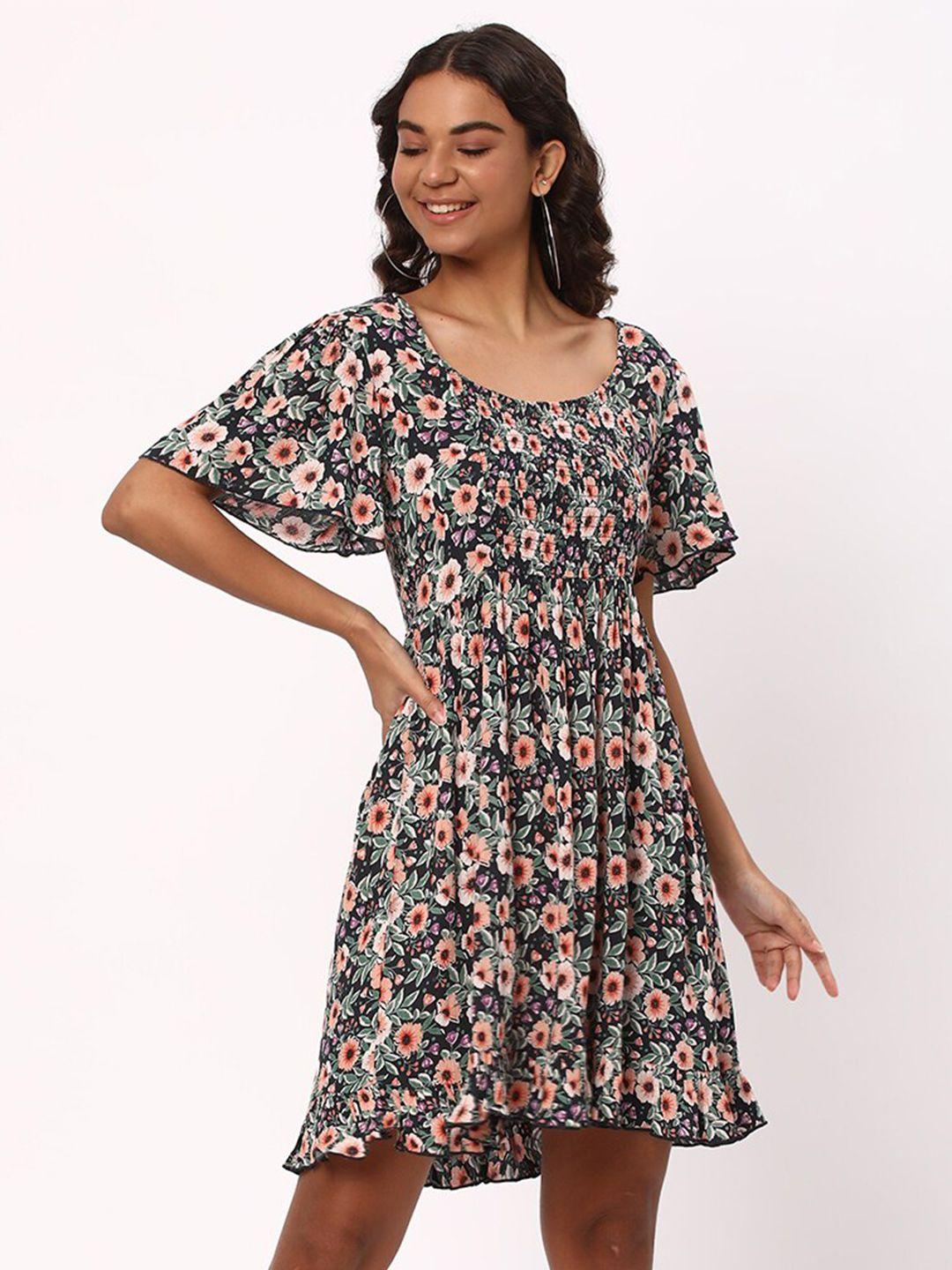 r&b floral printed flared sleeves smocked fit & flare dress