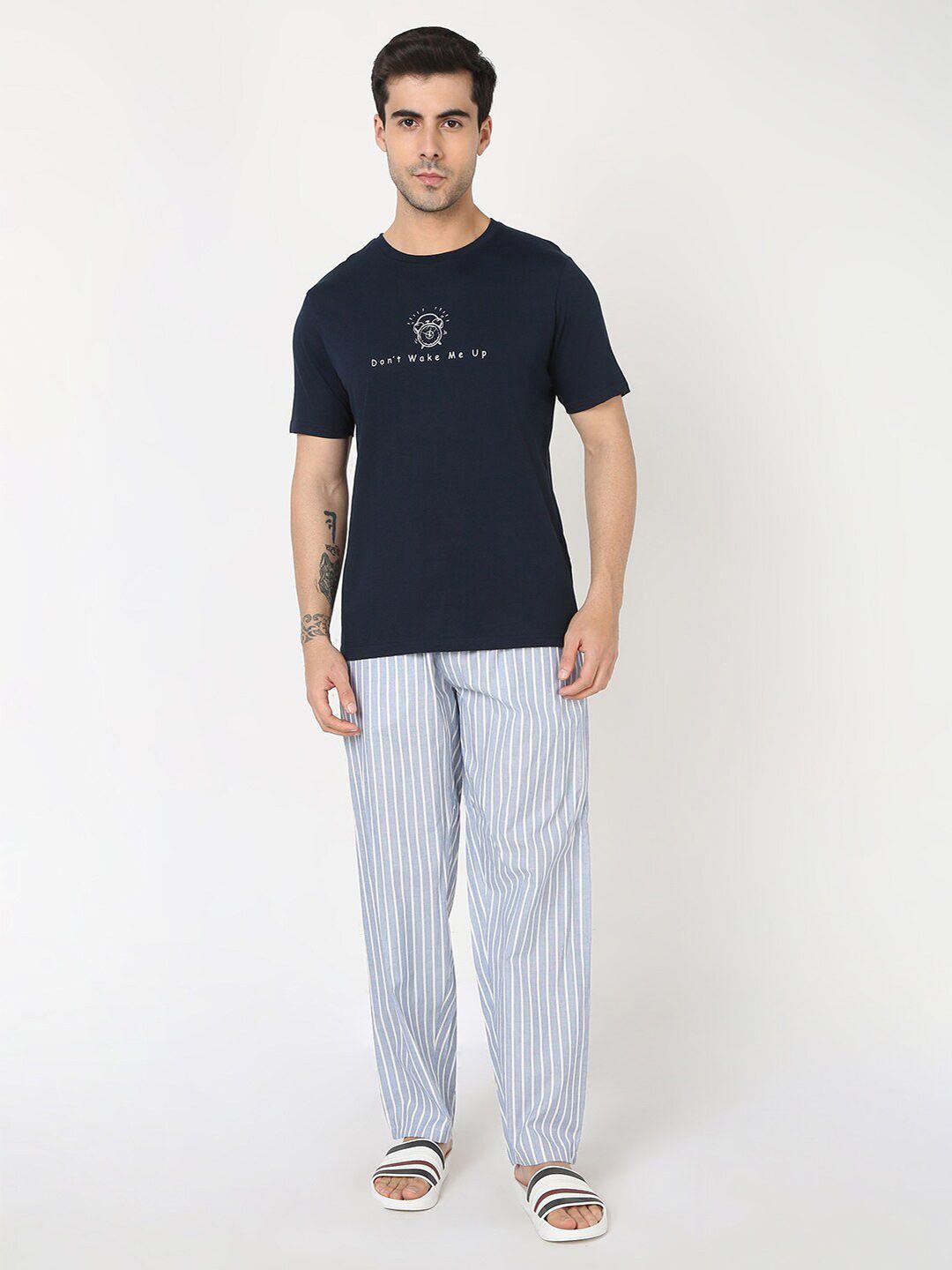 r&b typography printed pure cotton t-shirt & striped pyjamas