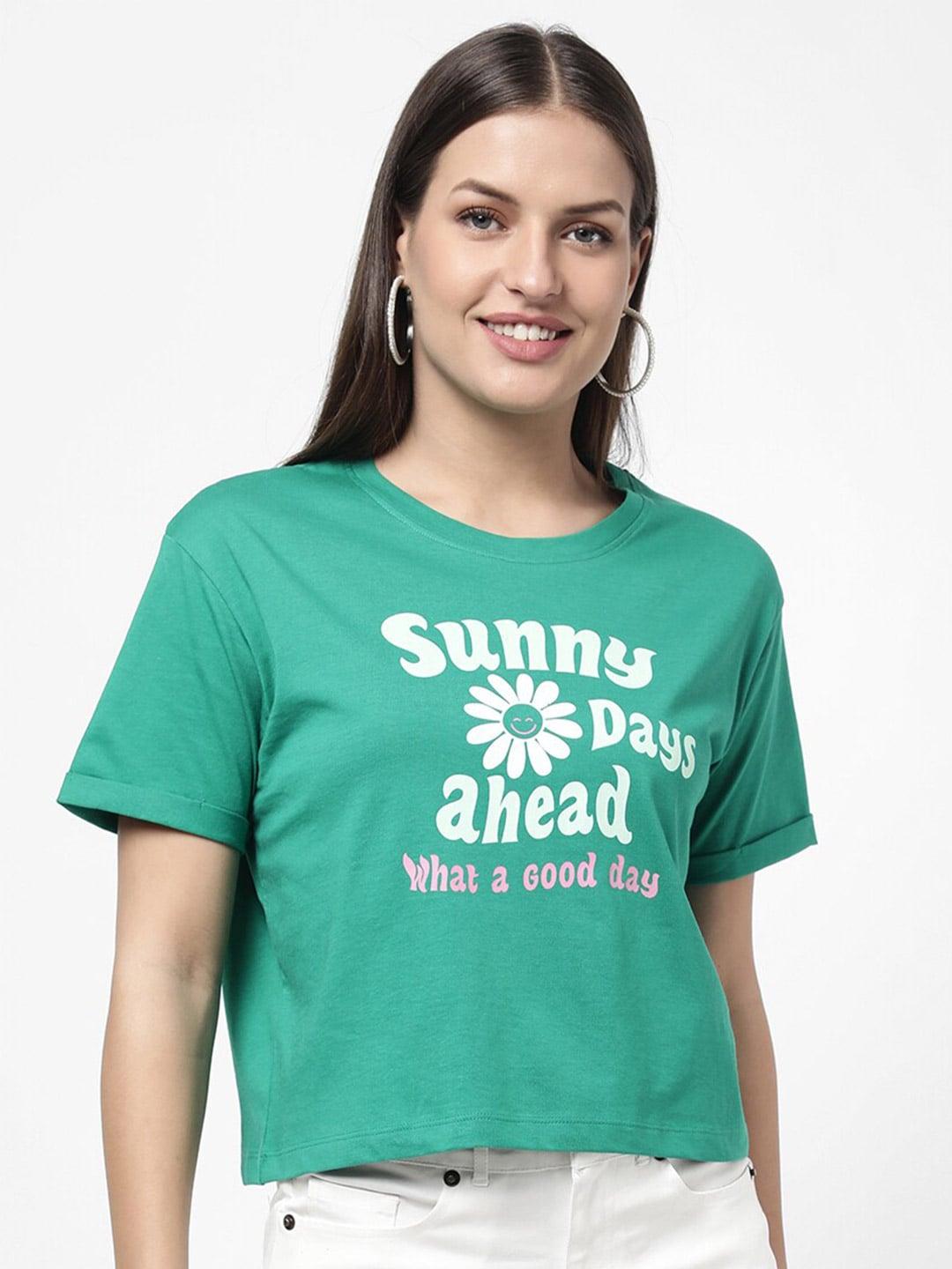 r&b women green typography printed cotton t-shirt