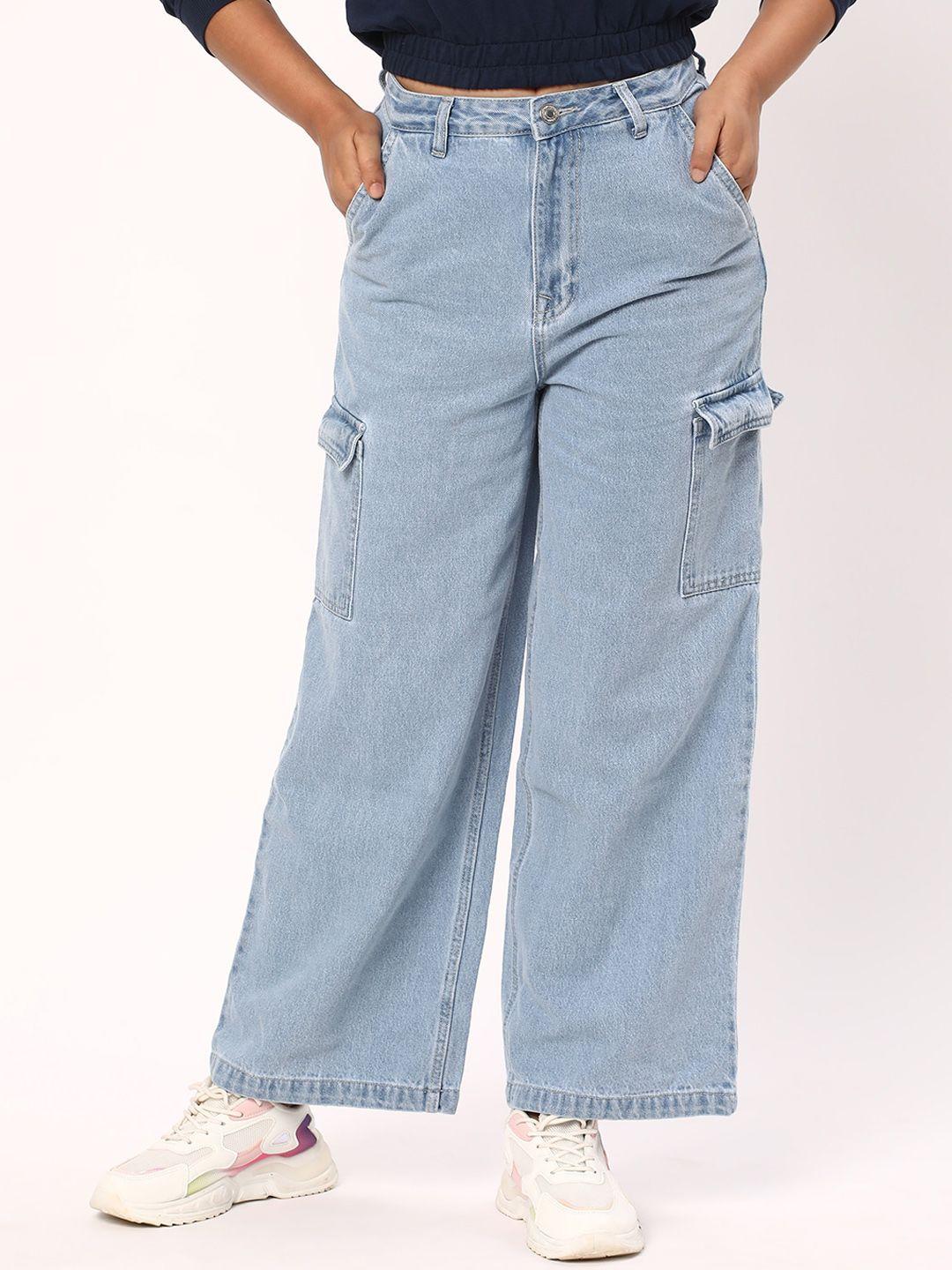 r&b women wide leg heavy fade mid-rise clean look cotton jeans