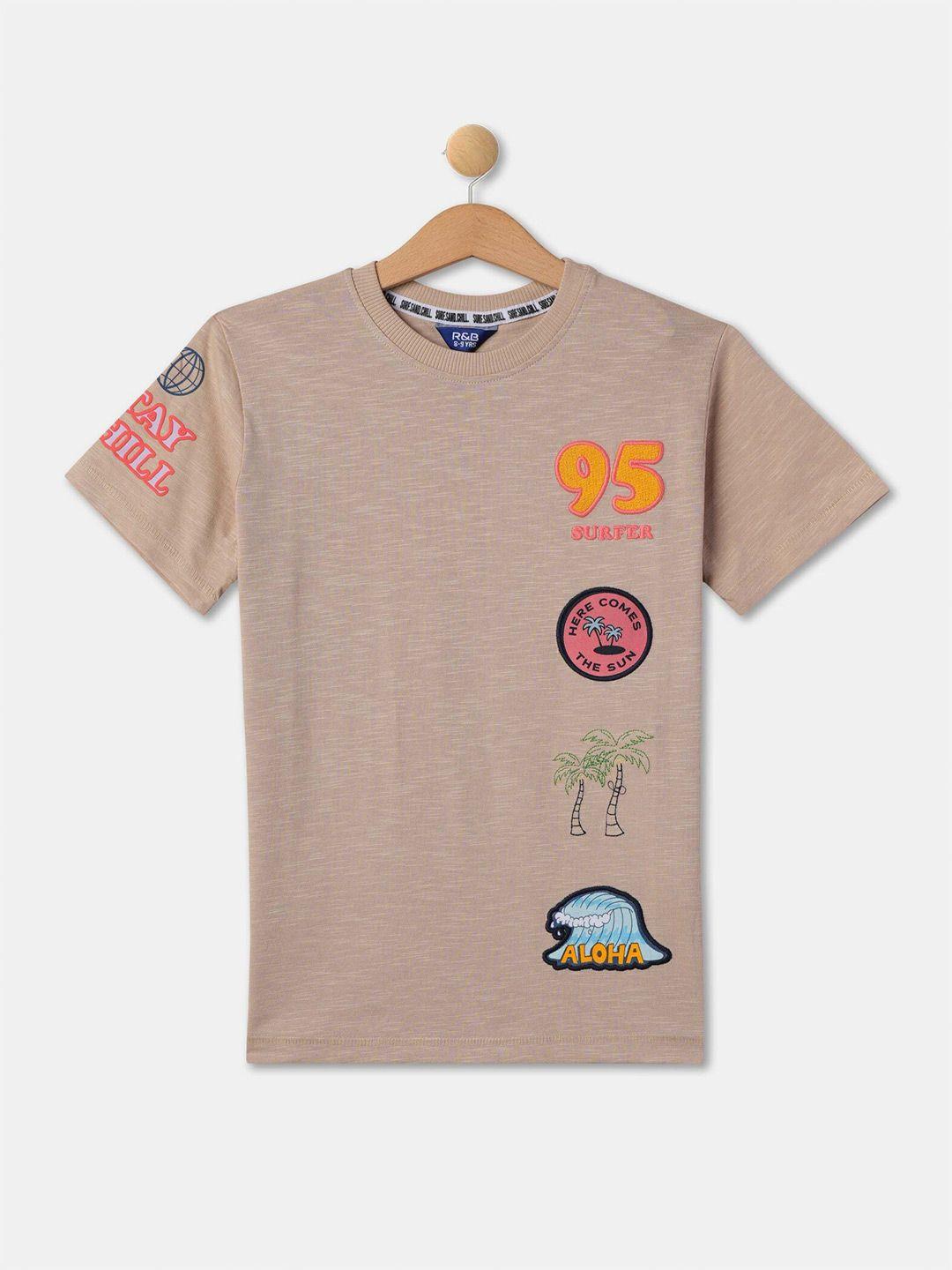 r&b boys beige printed v-neck applique t-shirt