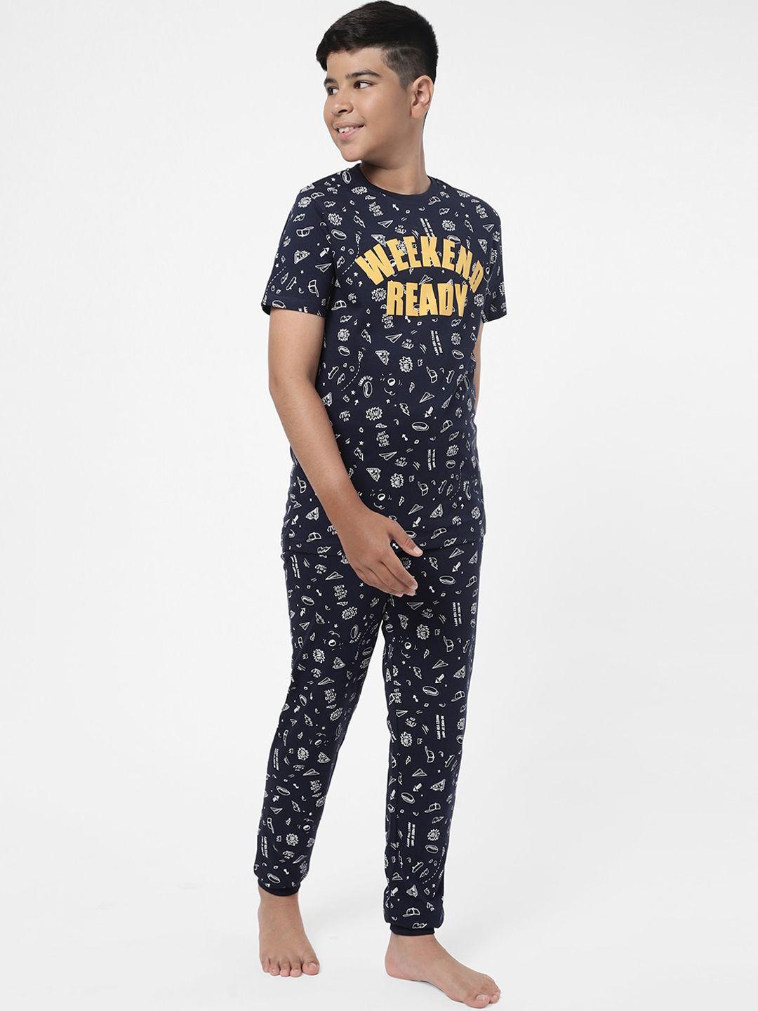 r&b boys navy blue & white printed t-shirt with trousers