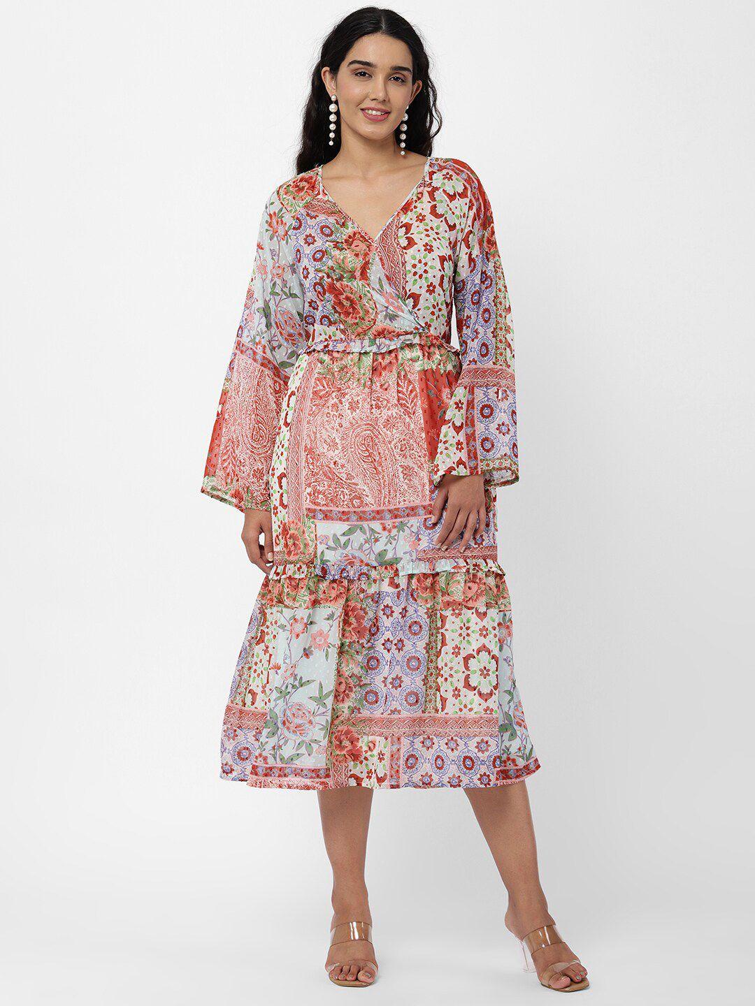 r&b ethnic motifs printed flared sleeves fit & flare midi dress