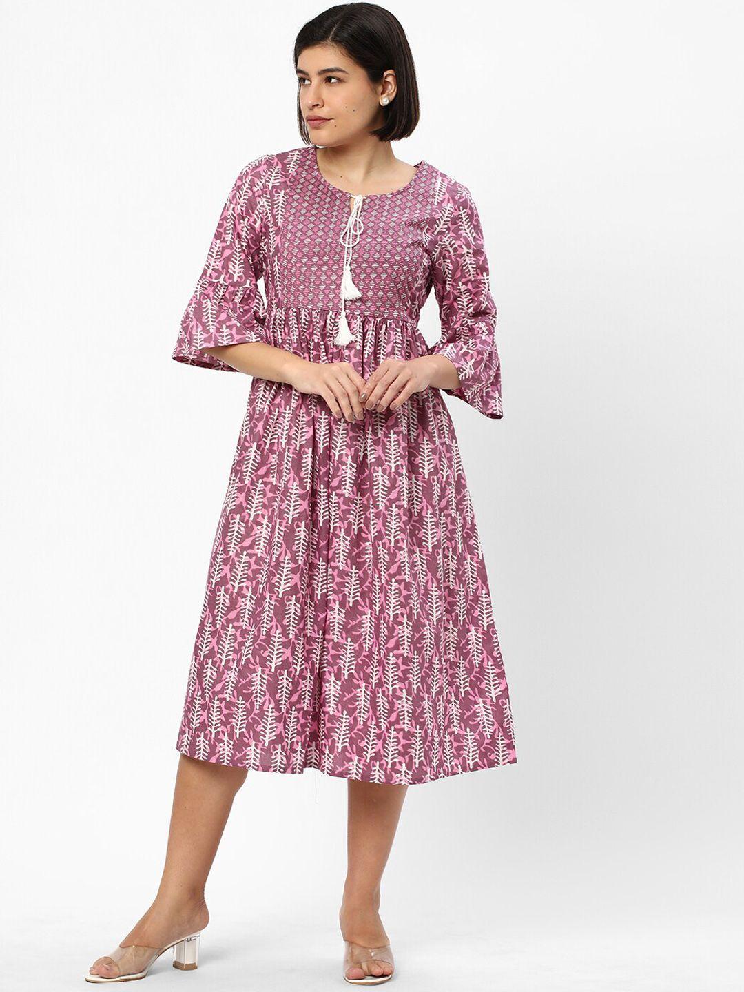 r&b ethnic motifs printed round neck bell sleeve tie ups cotton a-line ethnic dress