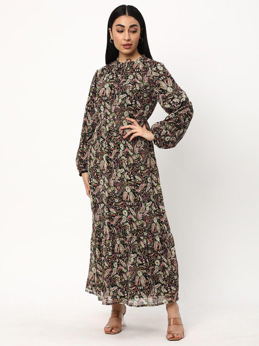 r&b ethnic motifs printed tie-up neck cuffed sleeve maxi dress