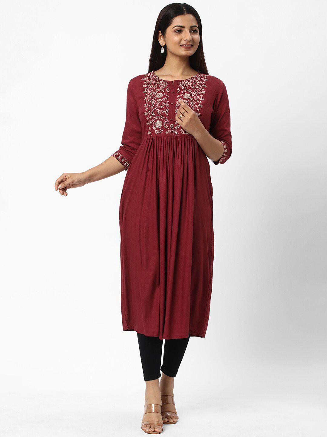 r&b floral embroidered round neck a-line pleated kurta