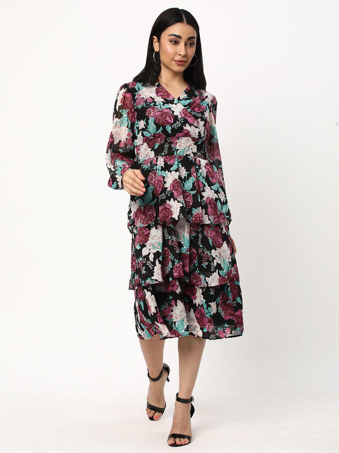 r&b floral print v-neck puff sleeve fit & flare layered midi dress