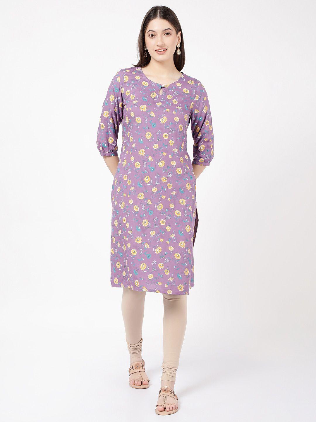 r&b floral printed keyhole neck puff sleeves straight kurta