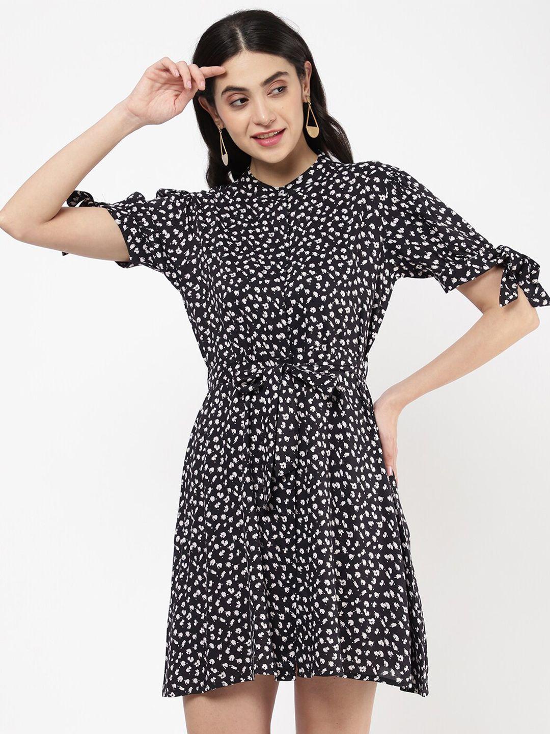 r&b floral printed mandarin collar tie up details a-line dress with belt